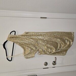 BCBGMAXAZRIA Gold Sequin One-Shoulder Mini Dress Draped Detailing Side Cutout XL